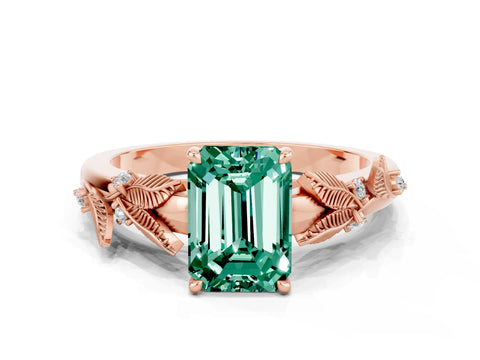 Rose gold Emerald Cut Green Sapphire Solitaire Ring with Leaf Motif Band and Four-Prong Setting