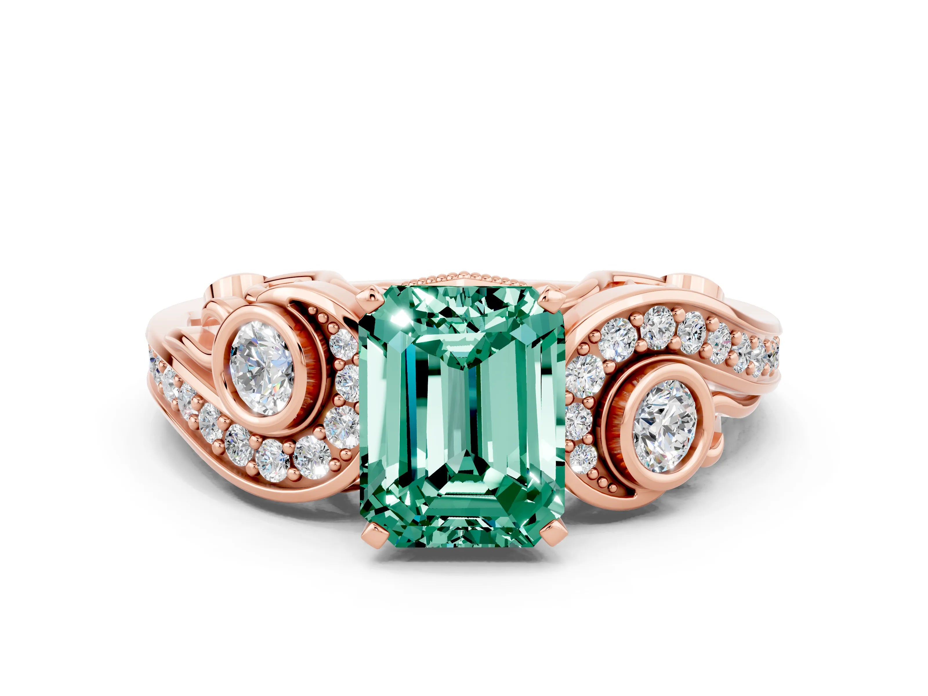 Rose gold Emerald Cut Green Sapphire Solitaire Ring with Milgrain Pavé Band and Four-Prong Setting_24