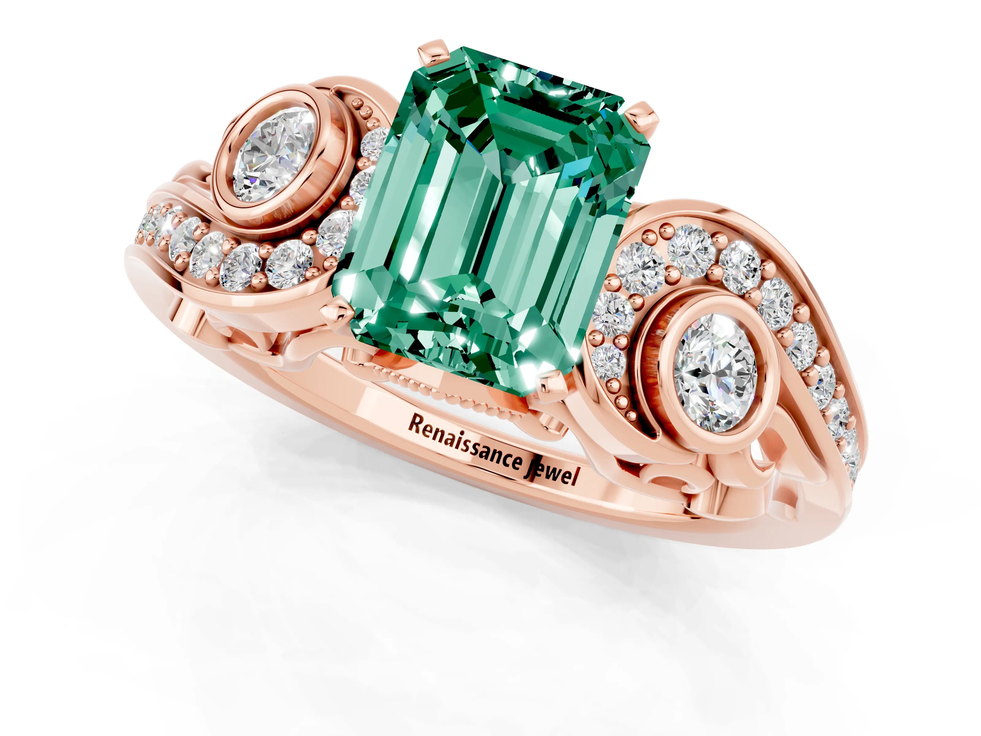 Rose gold Emerald Cut Green Sapphire Solitaire Ring with Milgrain Pavé Band and Four-Prong Setting_25