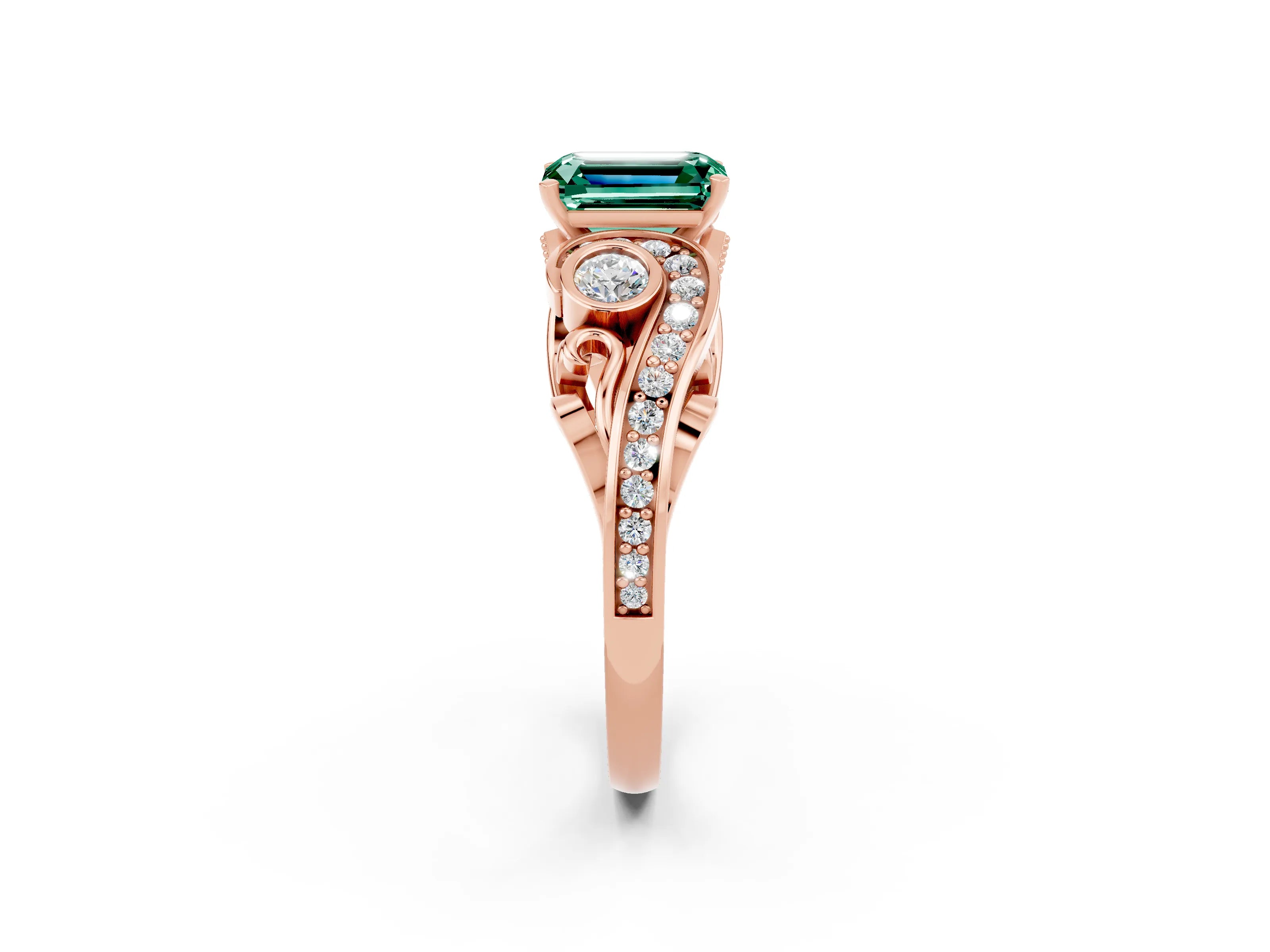 Rose gold Emerald Cut Green Sapphire Solitaire Ring with Milgrain Pavé Band and Four-Prong Setting_26