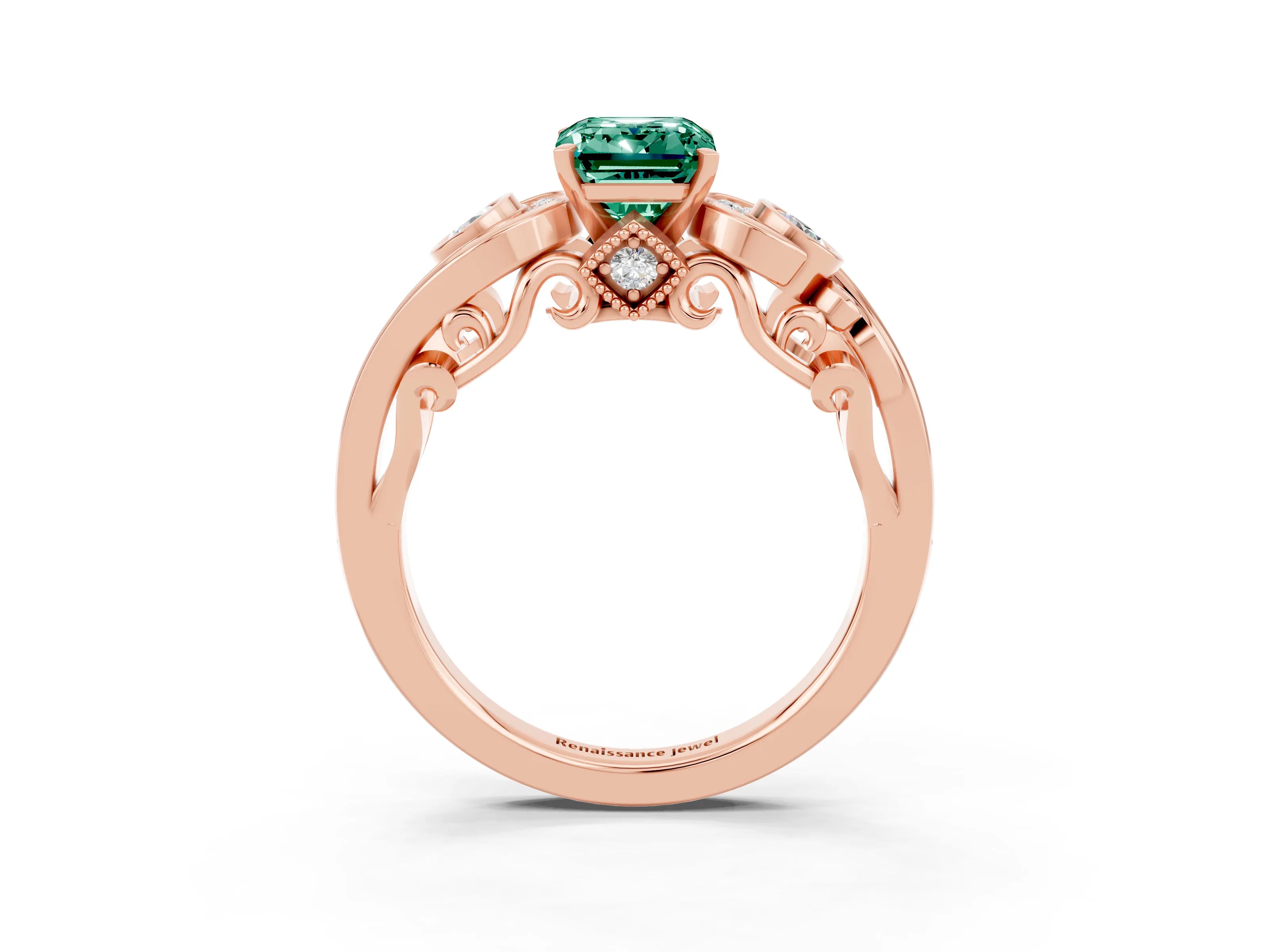 Rose gold Emerald Cut Green Sapphire Solitaire Ring with Milgrain Pavé Band and Four-Prong Setting_27