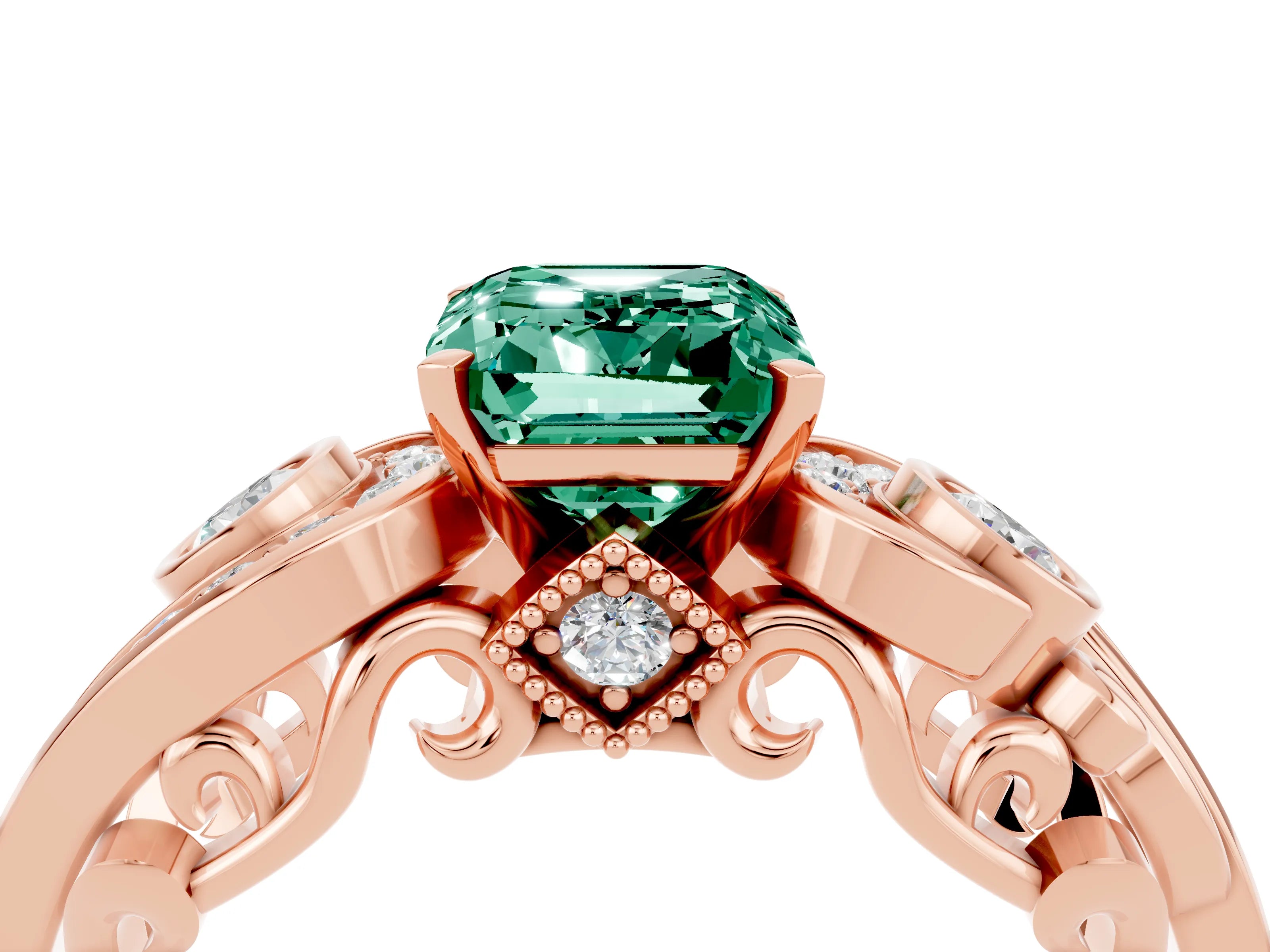 Rose gold Emerald Cut Green Sapphire Solitaire Ring with Milgrain Pavé Band and Four-Prong Setting_28