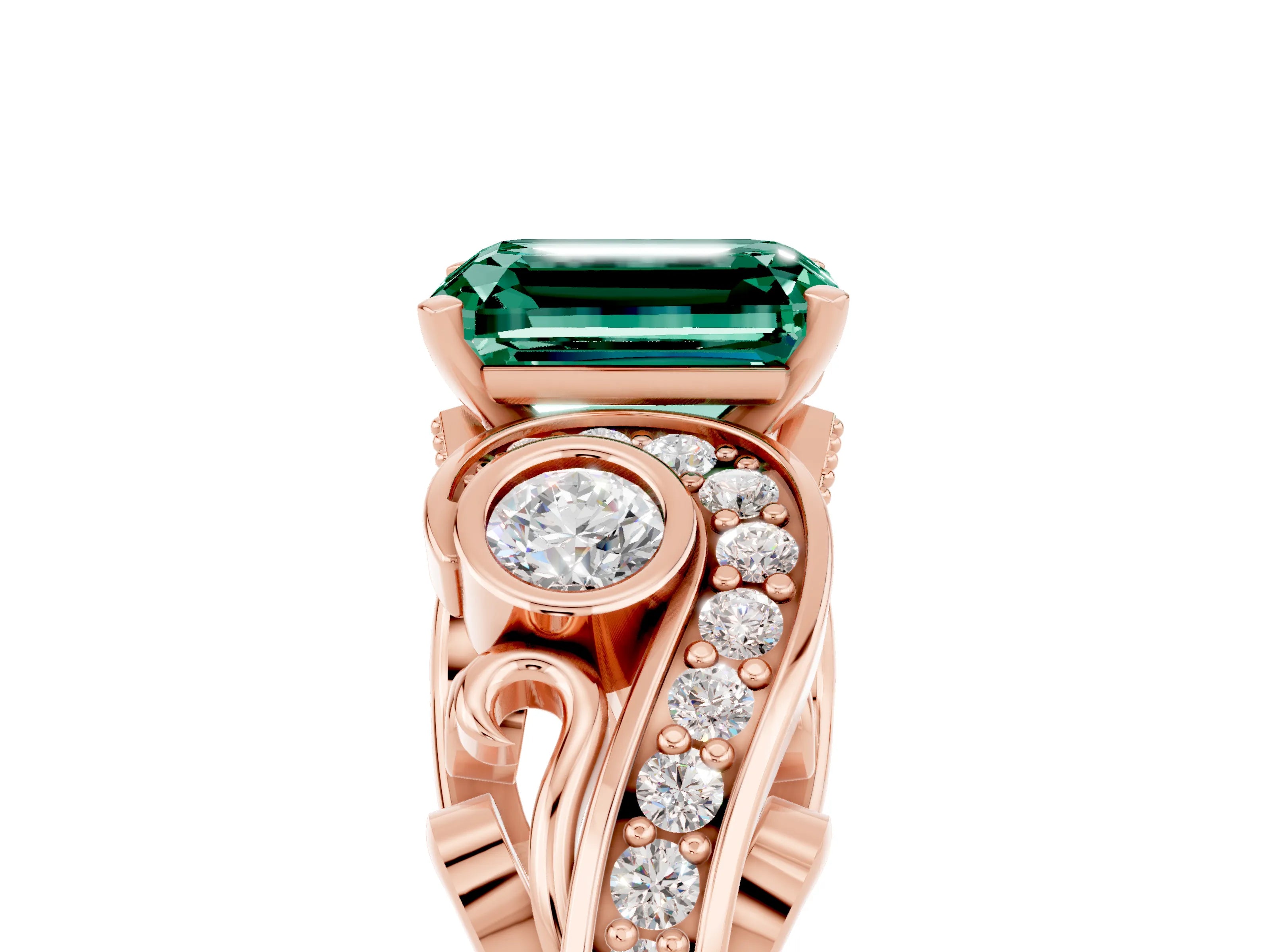 Rose gold Emerald Cut Green Sapphire Solitaire Ring with Milgrain Pavé Band and Four-Prong Setting_29