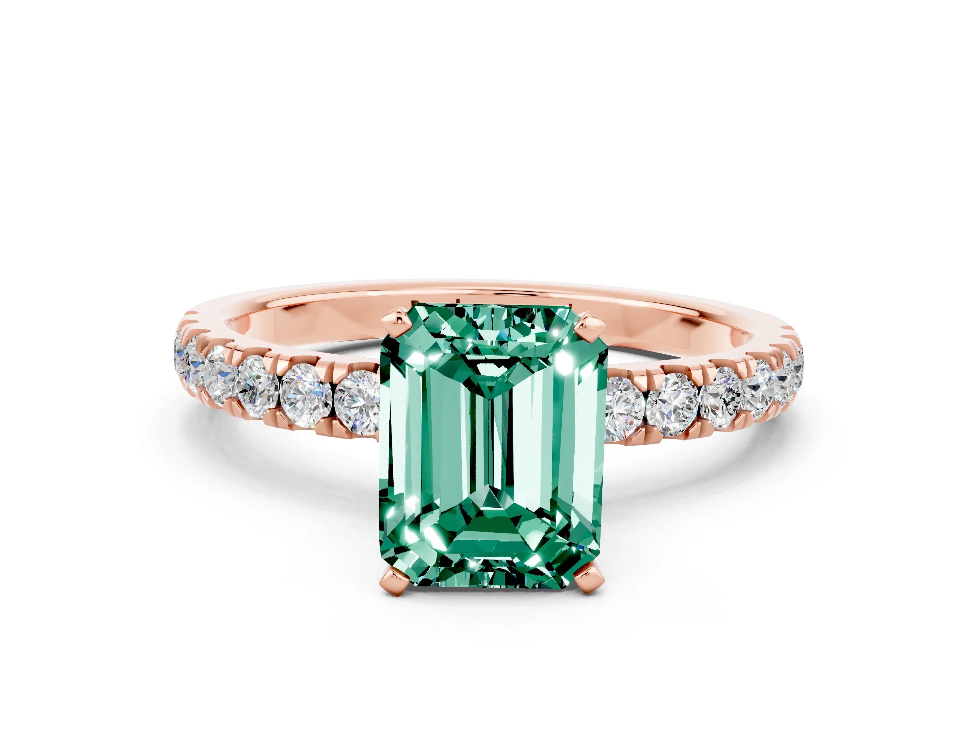 Rose gold Emerald Cut Green Sapphire Solitaire Ring with Pavé Accents and Four-Prong Setting