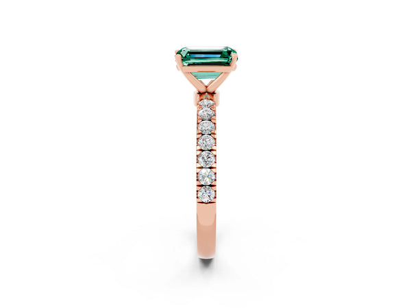 Rose gold Emerald Cut Green Sapphire Solitaire Ring with Pavé Accents and Four-Prong Setting