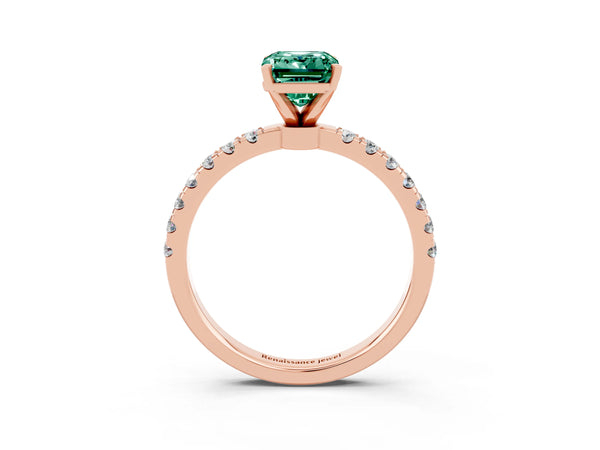 Rose gold Emerald Cut Green Sapphire Solitaire Ring with Pavé Accents and Four-Prong Setting