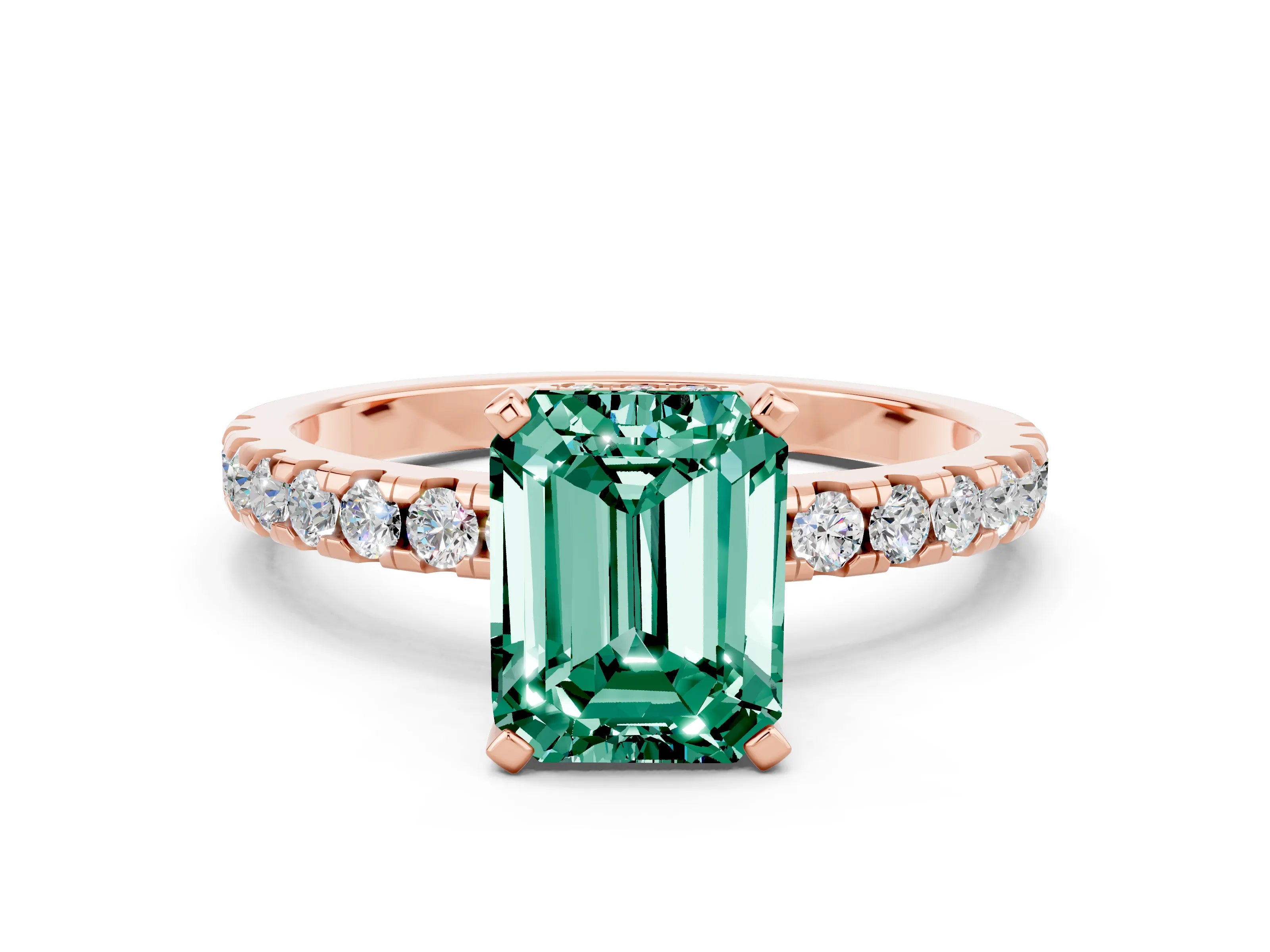 Rose gold Emerald Cut Green Sapphire Solitaire Ring with Pavé Band and Four-Prong Setting_24