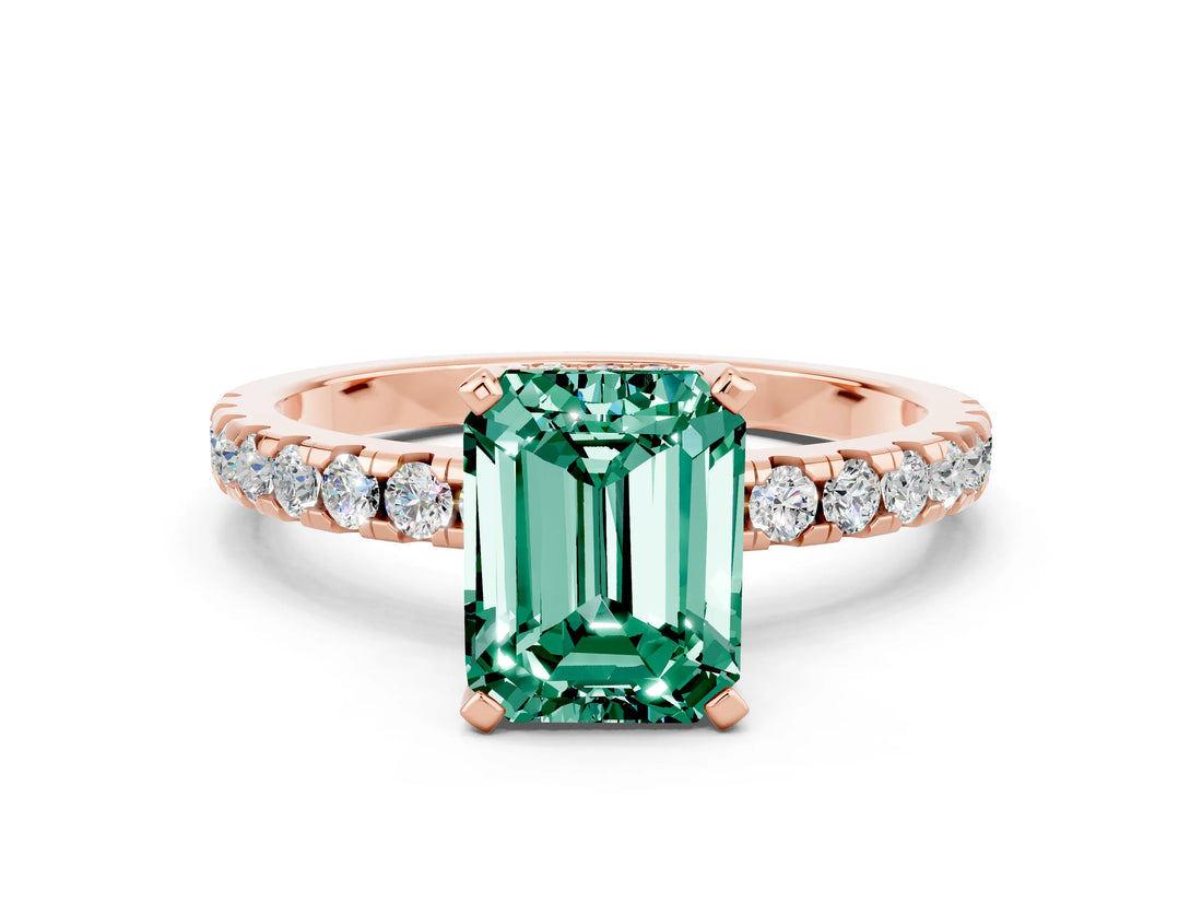 Rose gold Emerald Cut Green Sapphire Solitaire Ring with Pavé Band and Four-Prong Setting_24