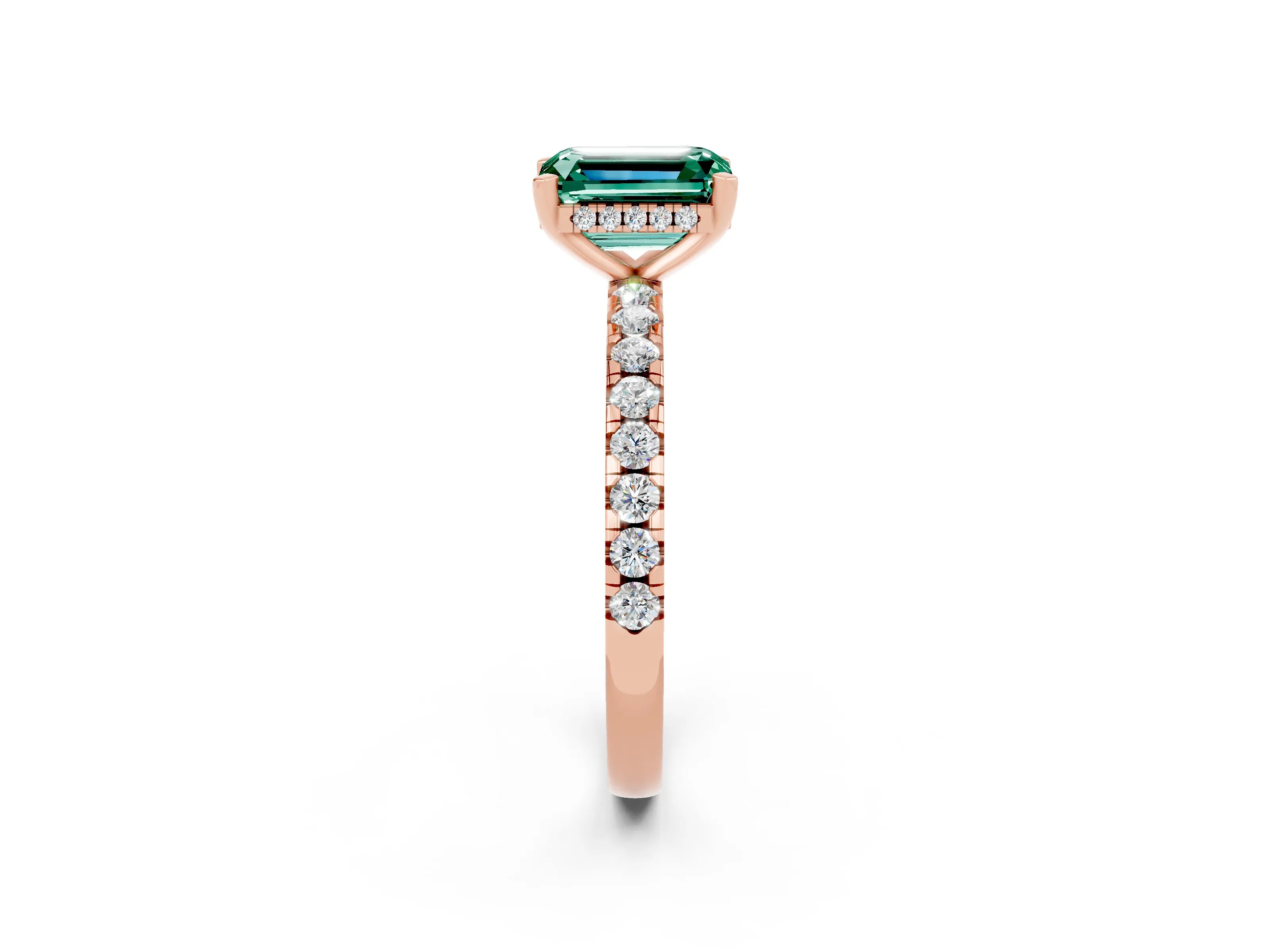 Rose gold Emerald Cut Green Sapphire Solitaire Ring with Pavé Band and Four-Prong Setting_26