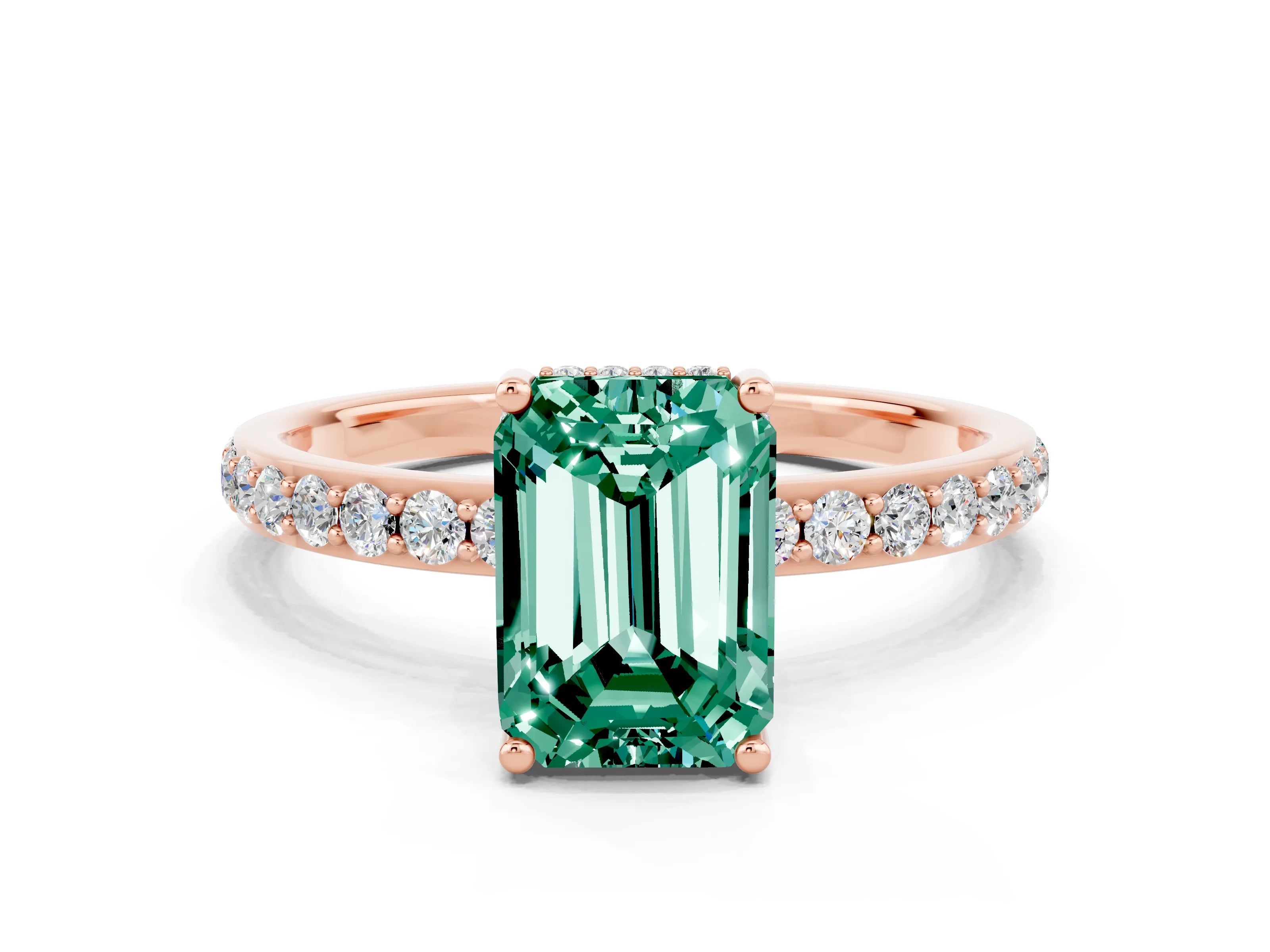 Rose gold Emerald Cut Green Sapphire Solitaire Ring with Pavé Band and Hidden Halo_12