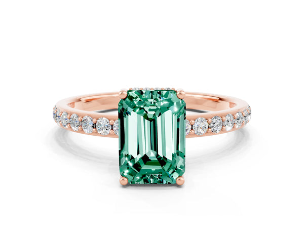 Rose gold Emerald Cut Green Sapphire Solitaire Ring with Pavé Band and Hidden Halo