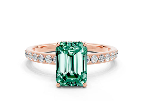 Rose gold Emerald Cut Green Sapphire Solitaire Ring with Pavé Band and Hidden Halo_12