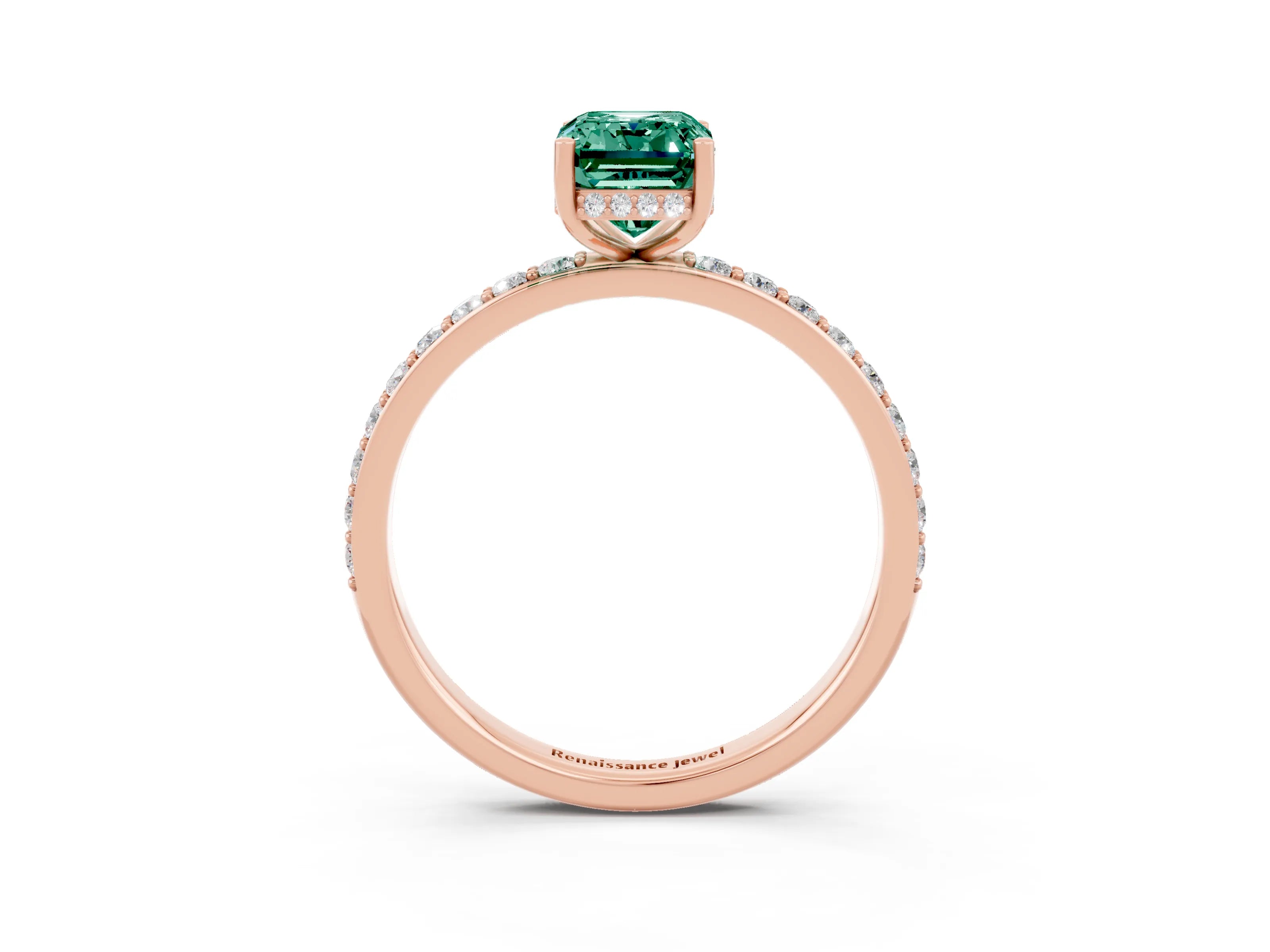 Rose gold Emerald Cut Green Sapphire Solitaire Ring with Pavé Band and Hidden Halo_15