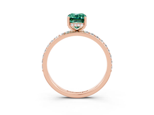 Rose gold Emerald Cut Green Sapphire Solitaire Ring with Pavé Band and Hidden Halo