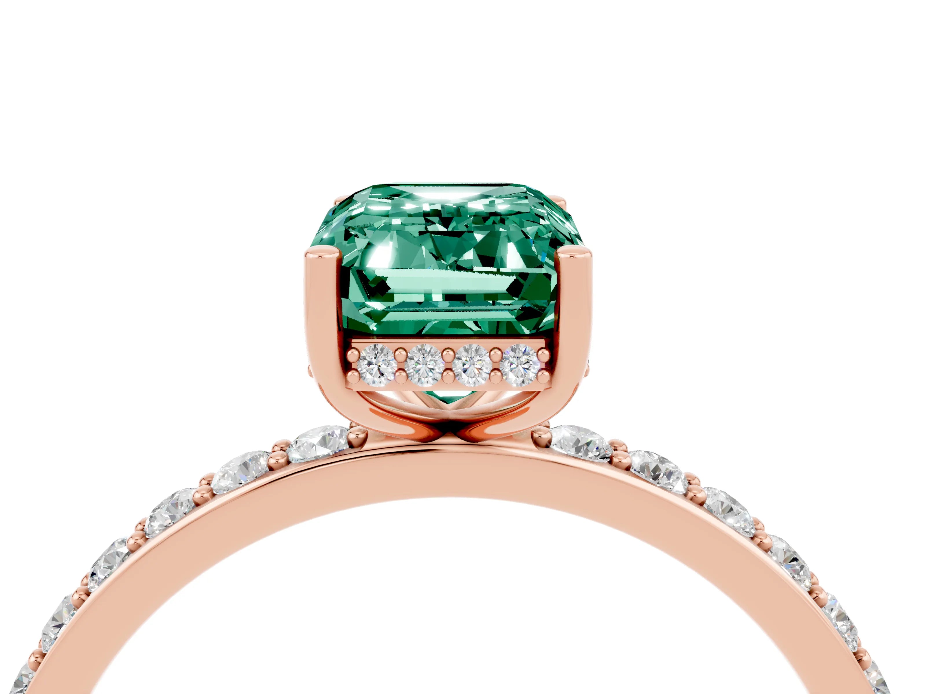 Rose gold Emerald Cut Green Sapphire Solitaire Ring with Pavé Band and Hidden Halo_16
