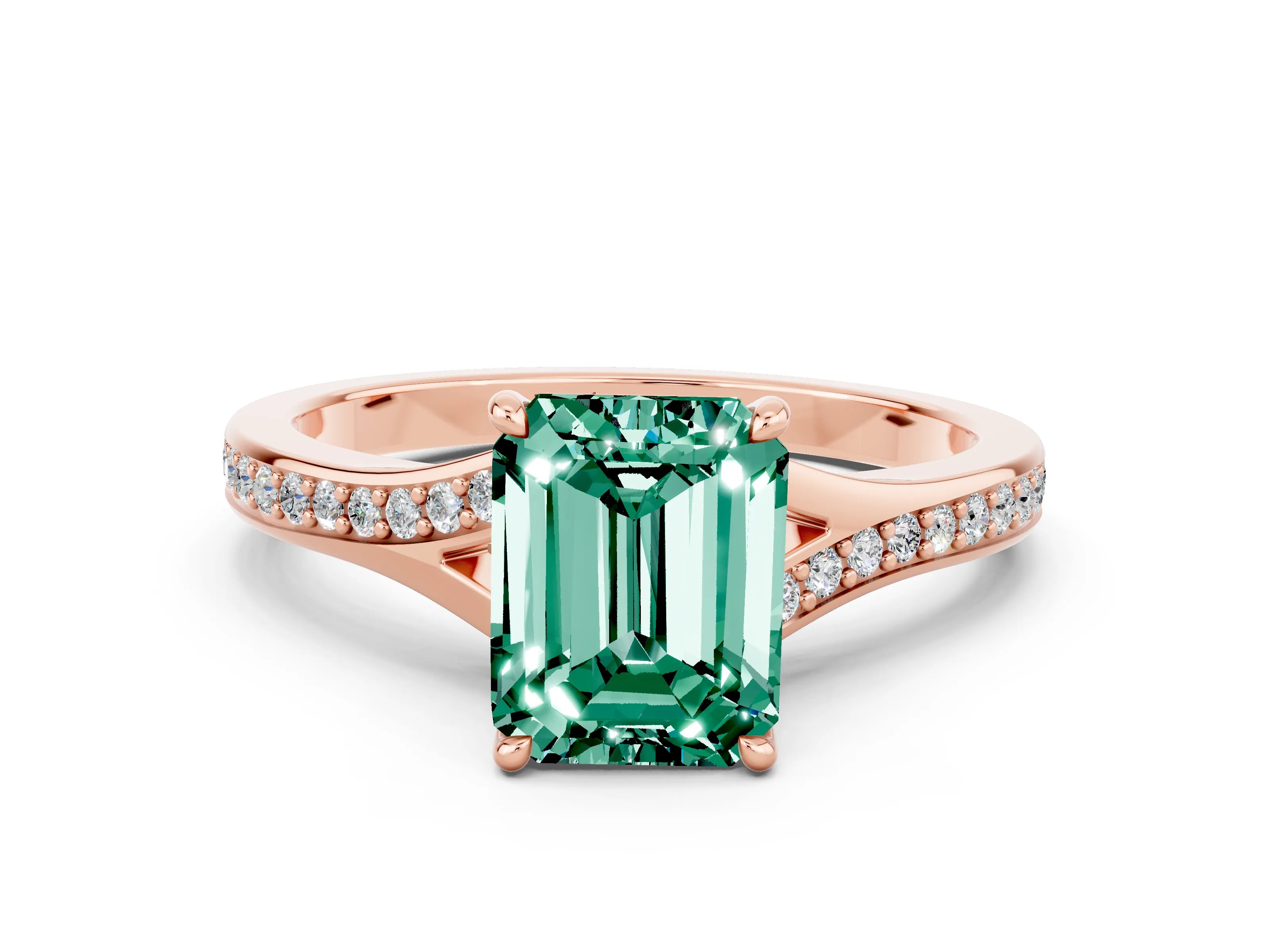 Rose gold Emerald Cut Green Sapphire Solitaire Ring with Pavé Band and Prong Setting_24