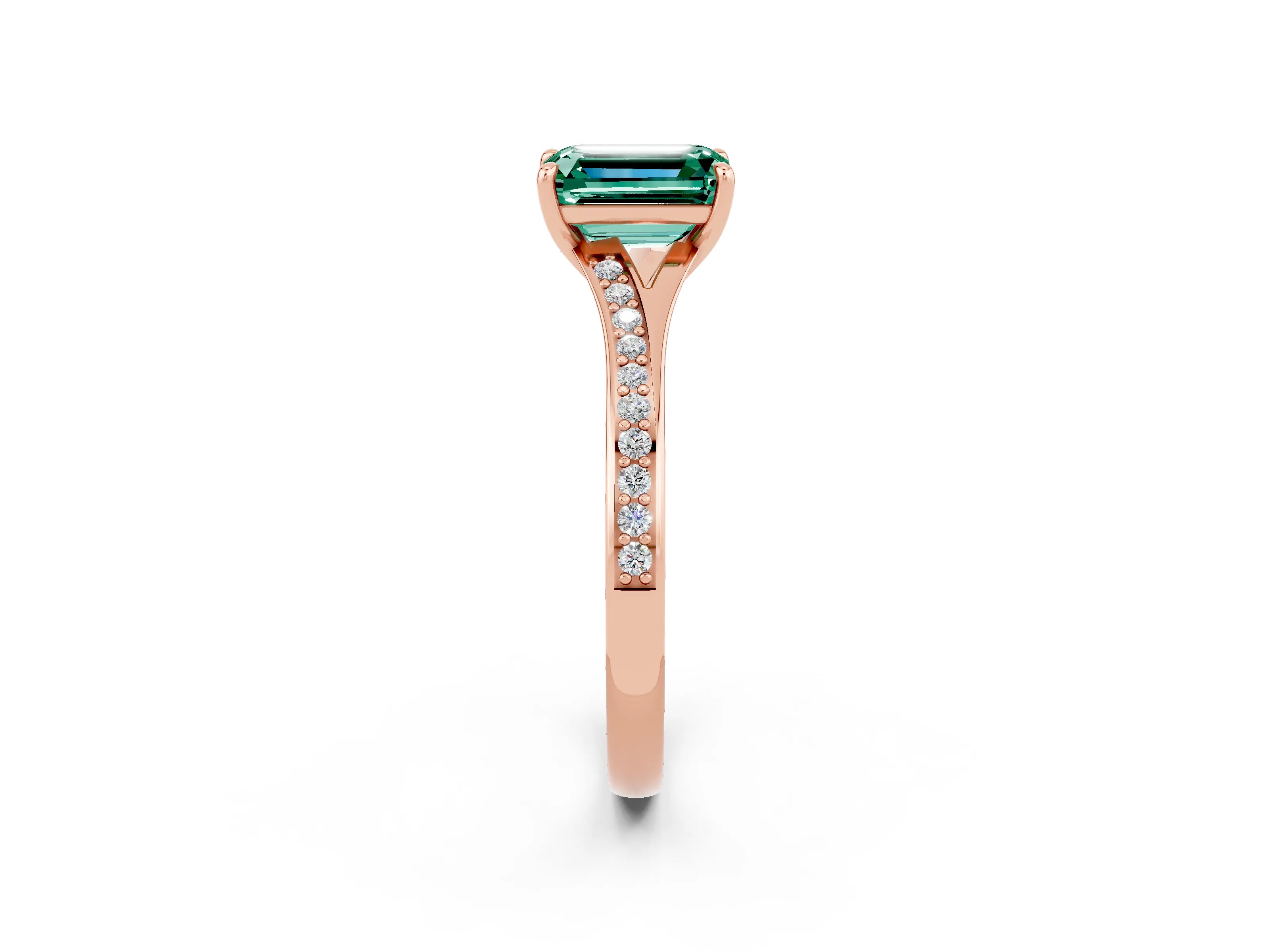 Rose gold Emerald Cut Green Sapphire Solitaire Ring with Pavé Band and Prong Setting_26
