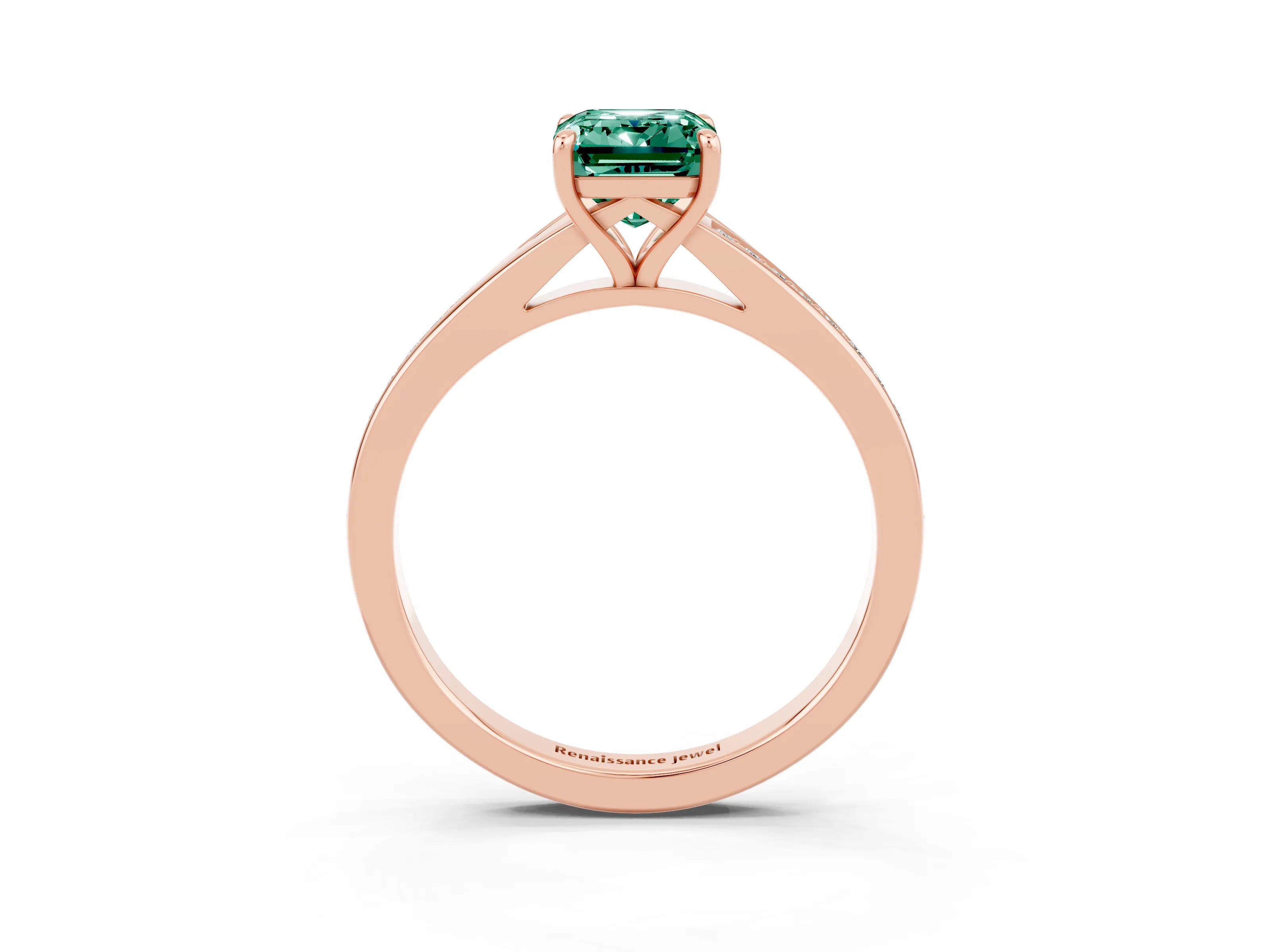 Rose gold Emerald Cut Green Sapphire Solitaire Ring with Pavé Band and Prong Setting_27