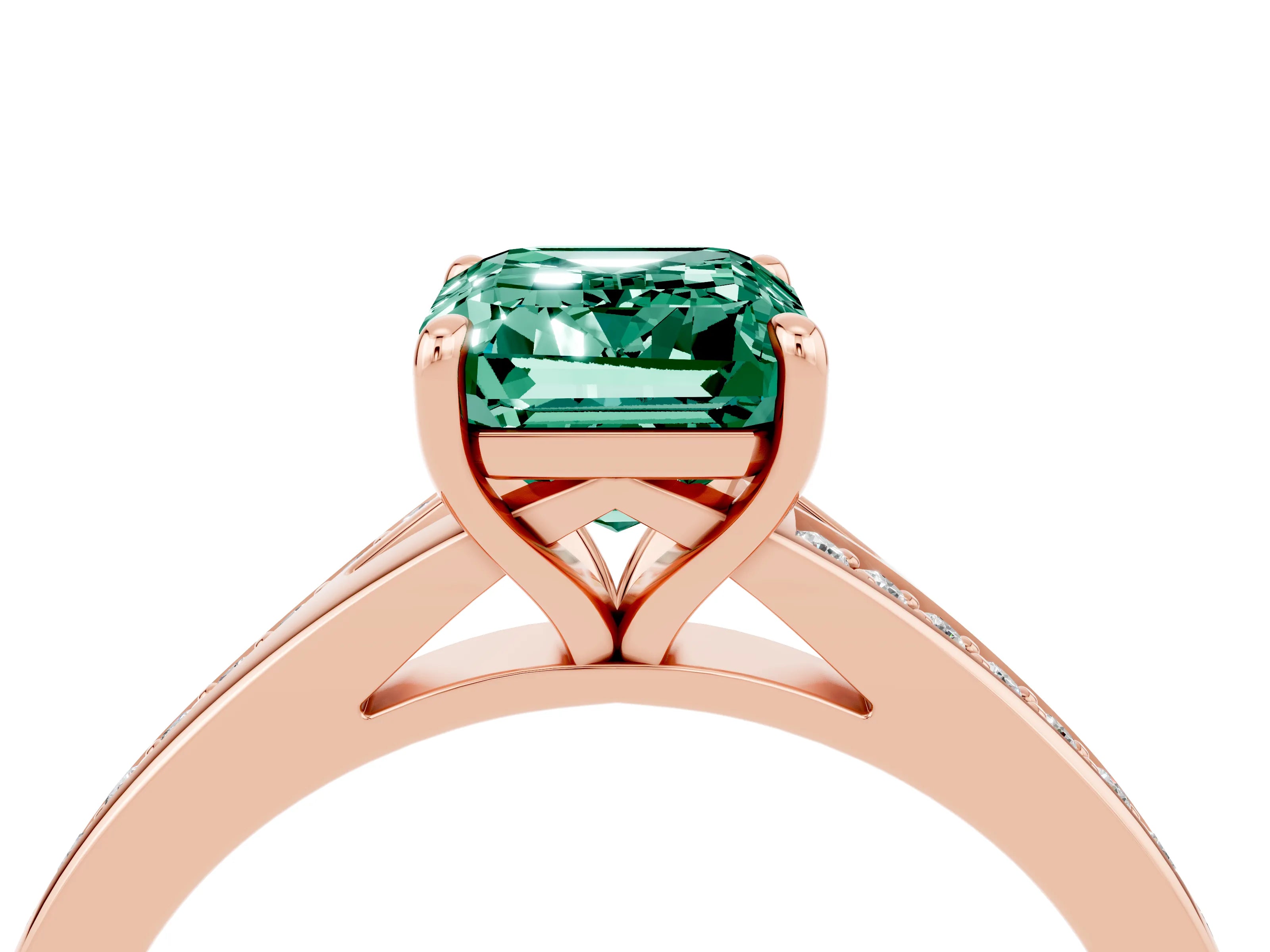 Rose gold Emerald Cut Green Sapphire Solitaire Ring with Pavé Band and Prong Setting_28