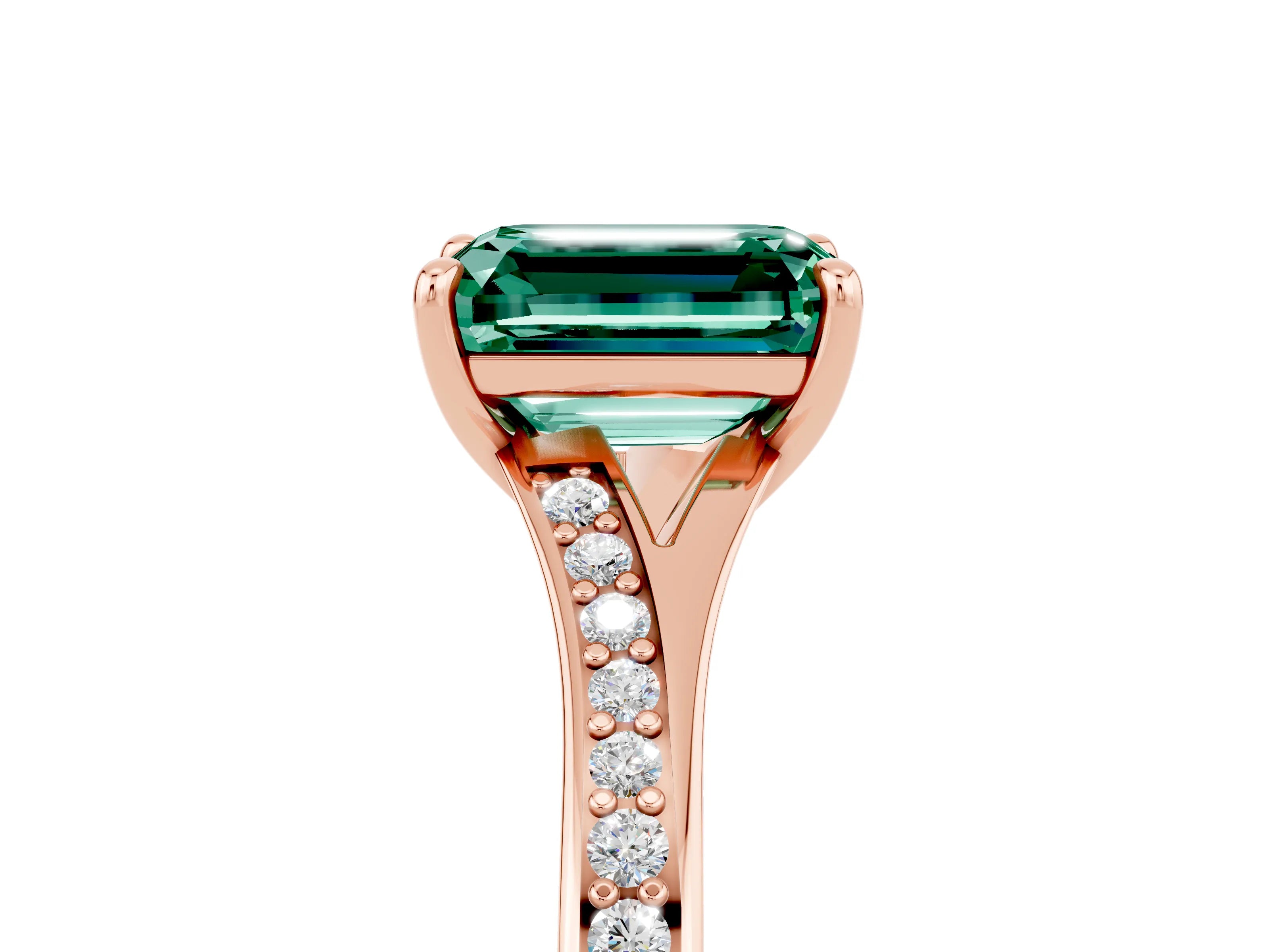 Rose gold Emerald Cut Green Sapphire Solitaire Ring with Pavé Band and Prong Setting_29