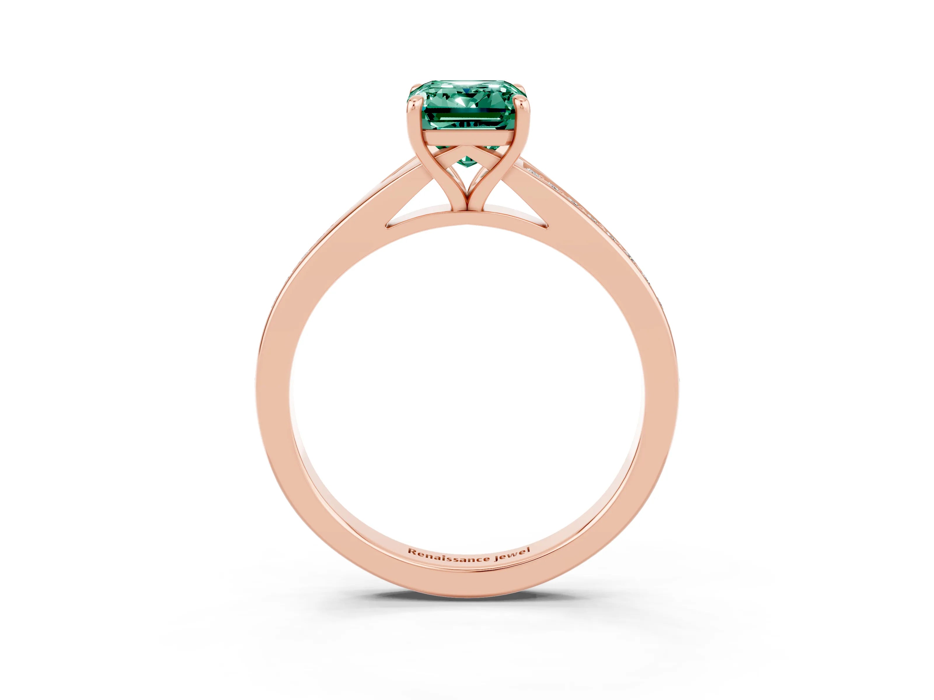 Rose gold Emerald Cut Green Sapphire Solitaire Ring with Pavé Band and Prong Setting_3
