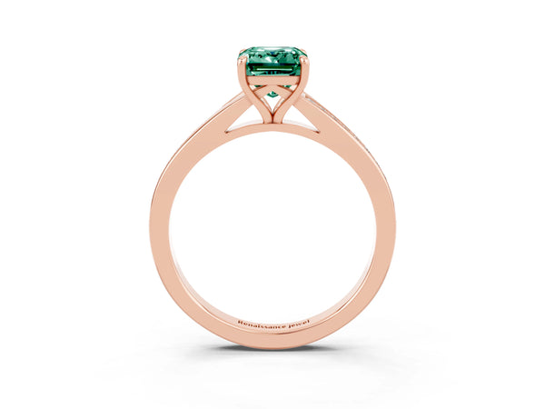 Rose gold Emerald Cut Green Sapphire Solitaire Ring with Pavé Band and Prong Setting