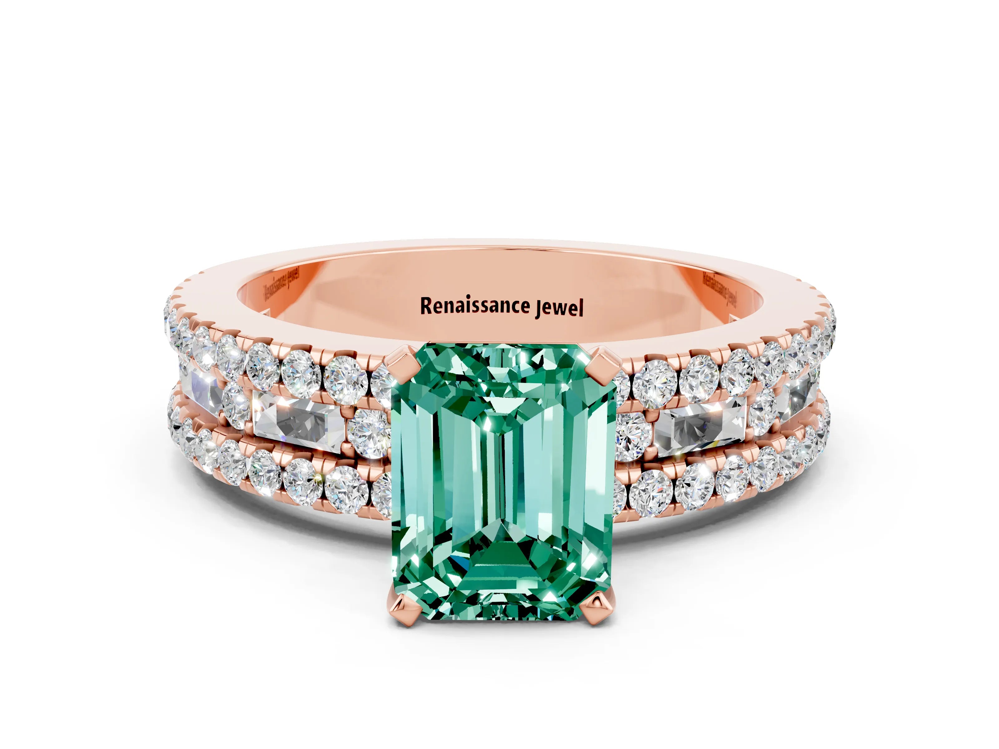 Rose gold Emerald Cut Green Sapphire Solitaire Ring with Pavé and Channel Set Band_20