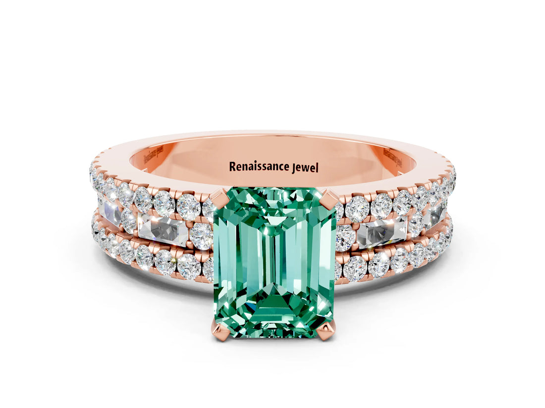 Rose gold Emerald Cut Green Sapphire Solitaire Ring with Pavé and Channel Set Band_20