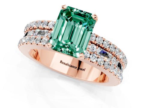 Rose gold Emerald Cut Green Sapphire Solitaire Ring with Pavé and Channel Set Band_21