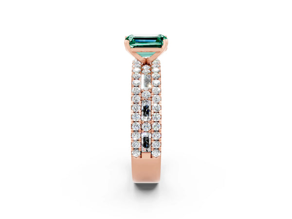 Rose gold Emerald Cut Green Sapphire Solitaire Ring with Pavé and Channel Set Band