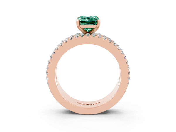 Rose gold Emerald Cut Green Sapphire Solitaire Ring with Pavé and Channel Set Band