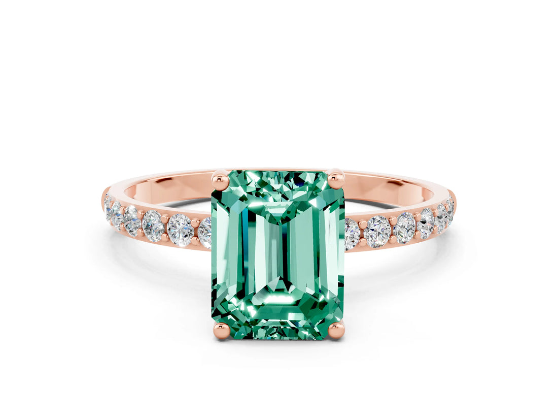 Rose gold Emerald Cut Green Sapphire Solitaire Ring with Pave Band and Four Prong Setting_24