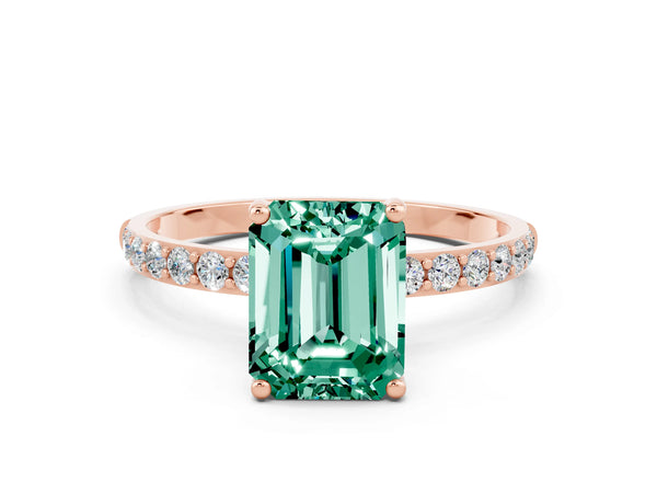 Rose gold Emerald Cut Green Sapphire Solitaire Ring with Round  Pavé Band and Prong Setting