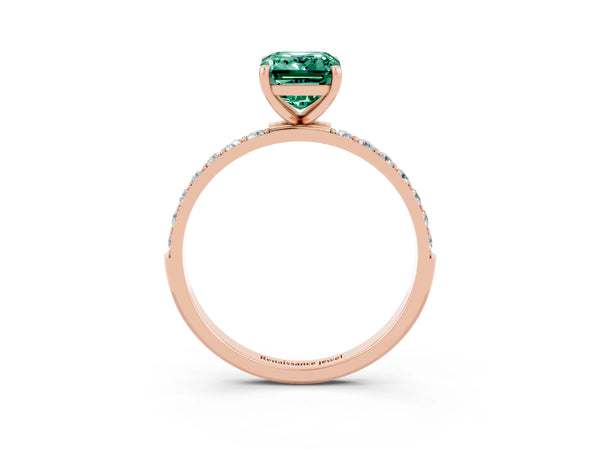 Rose gold Emerald Cut Green Sapphire Solitaire Ring with Round  Pavé Band and Prong Setting