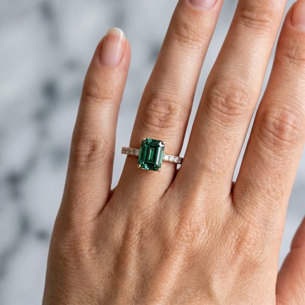 Rose gold Emerald Cut Green Sapphire Solitaire Ring with Round  Pavé Band and Four-Prong Setting