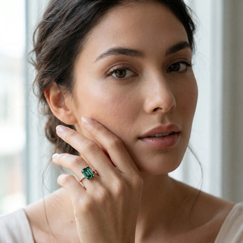 Rose gold Emerald Cut Green Sapphire Solitaire Ring with Round  Pavé Band and Four-Prong Setting_43