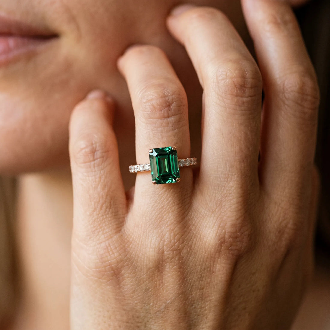 Rose gold Emerald Cut Green Sapphire Solitaire Ring with Round  Pavé Band and Four-Prong Setting_44