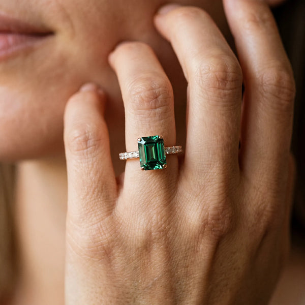 Rose gold Emerald Cut Green Sapphire Solitaire Ring with Round  Pavé Band and Four-Prong Setting