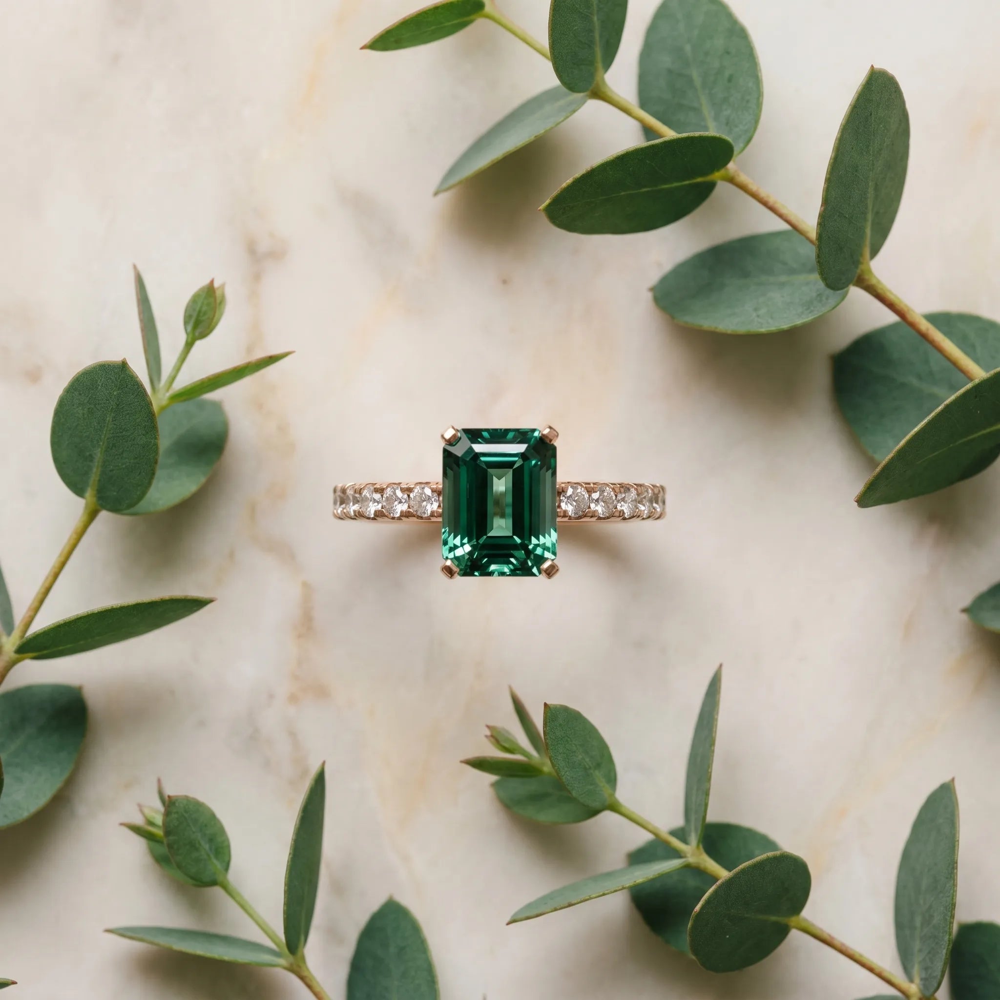 Rose gold Emerald Cut Green Sapphire Solitaire Ring with Round  Pavé Band and Four-Prong Setting_45
