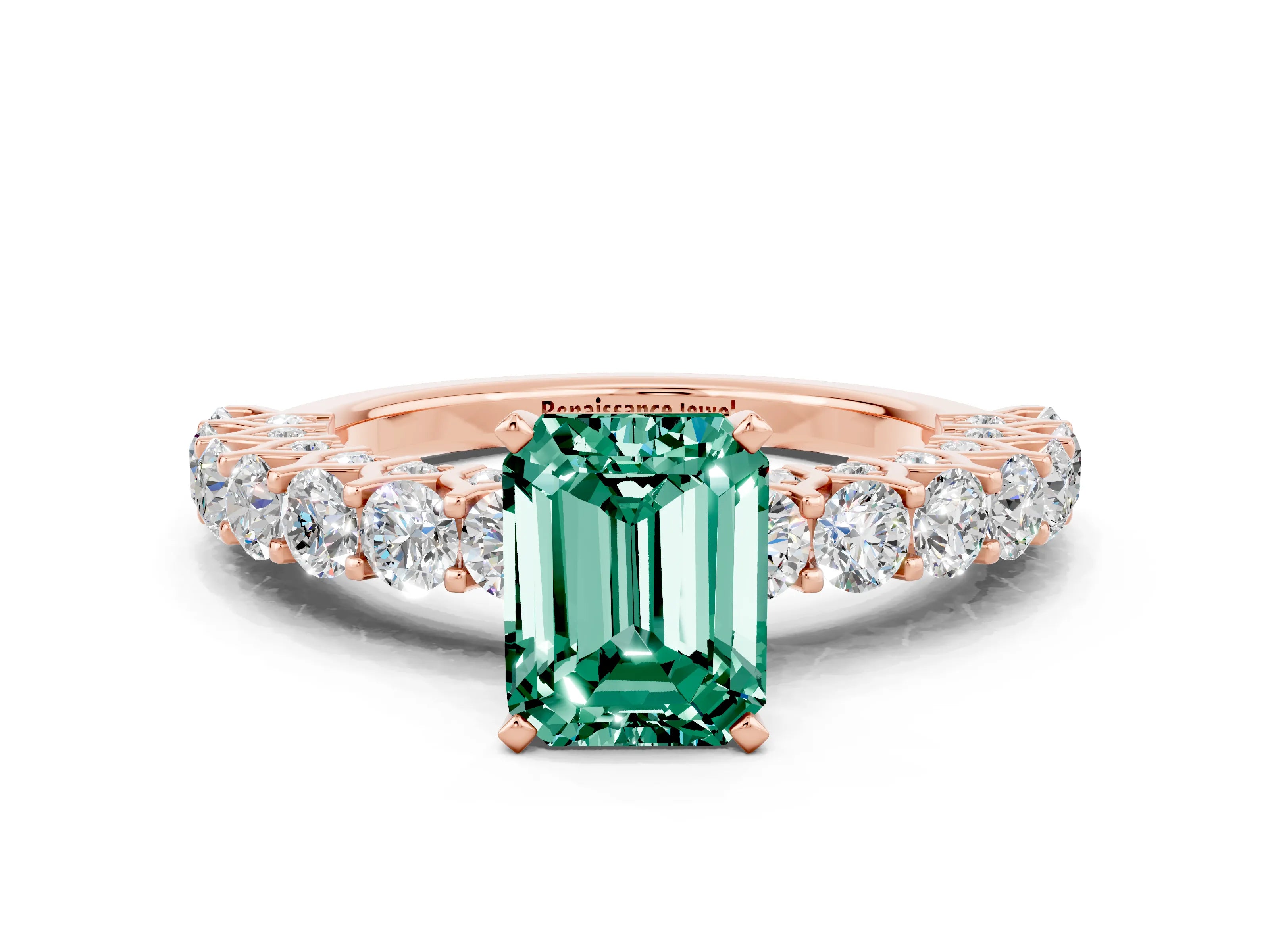 Rose gold Emerald Cut Green Sapphire Solitaire Ring with Shared Prong Pavé Band and Four-Prong Setting