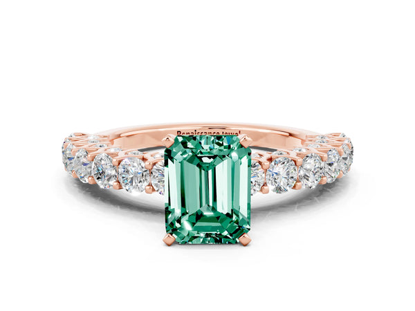 Rose gold Emerald Cut Green Sapphire Solitaire Ring with Shared Prong Pavé Band and Four-Prong Setting