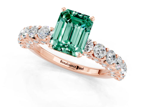 Rose gold Emerald Cut Green Sapphire Solitaire Ring with Shared Prong Pavé Band and Four-Prong Setting_1