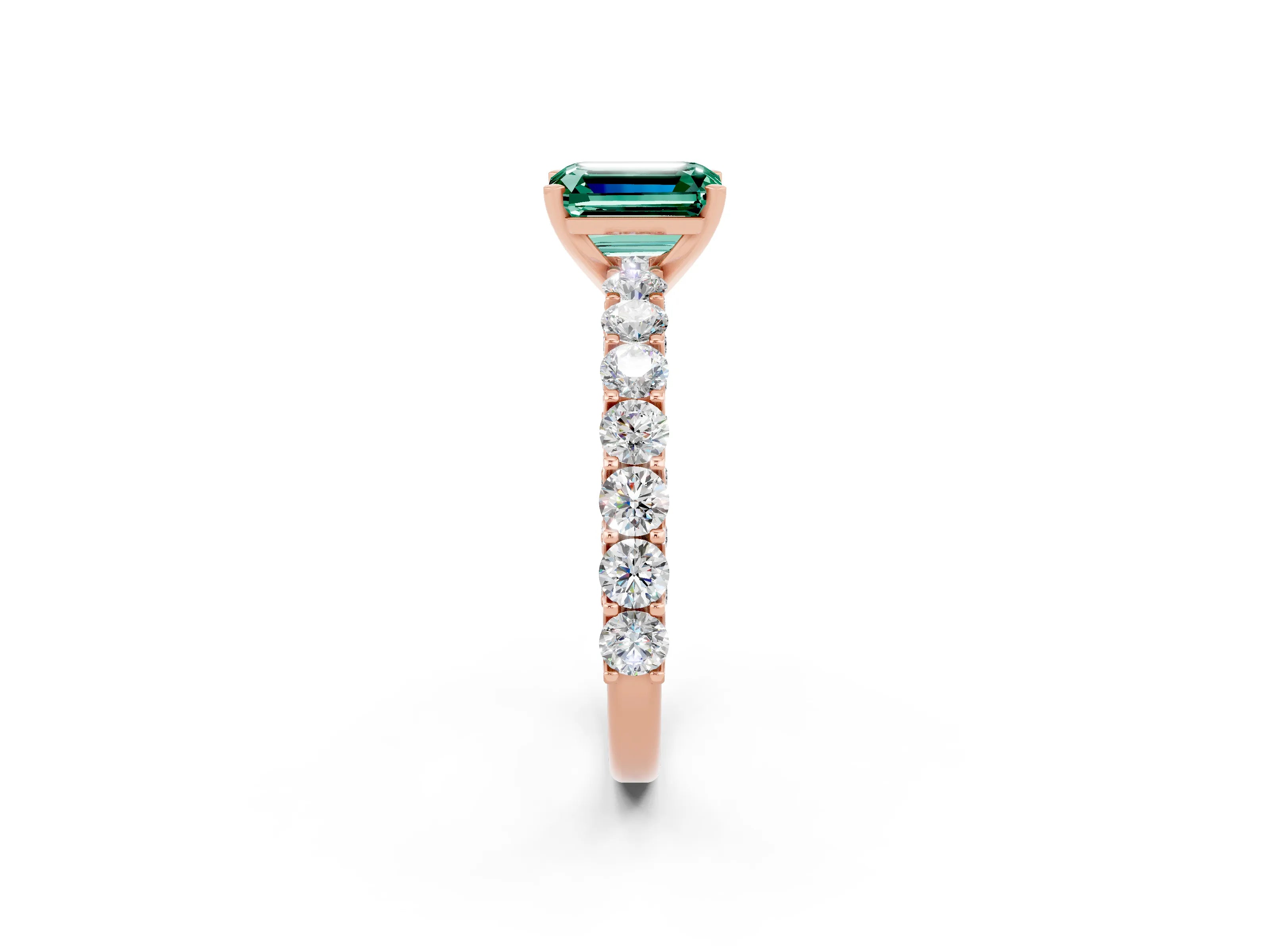 Rose gold Emerald Cut Green Sapphire Solitaire Ring with Shared Prong Pavé Band and Four-Prong Setting_2