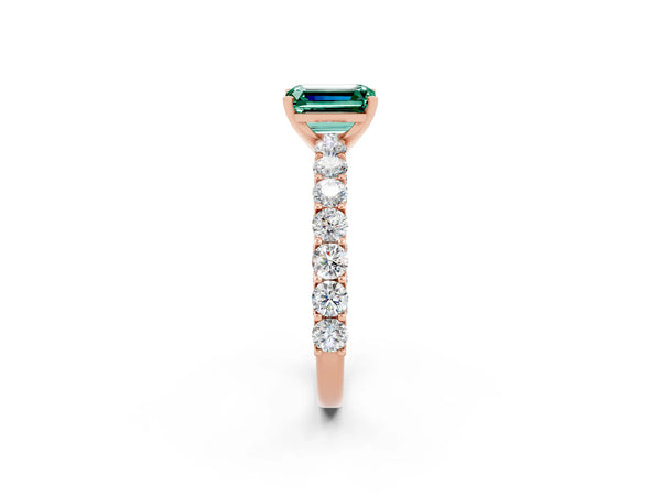 Rose gold Emerald Cut Green Sapphire Solitaire Ring with Shared Prong Pavé Band and Four-Prong Setting