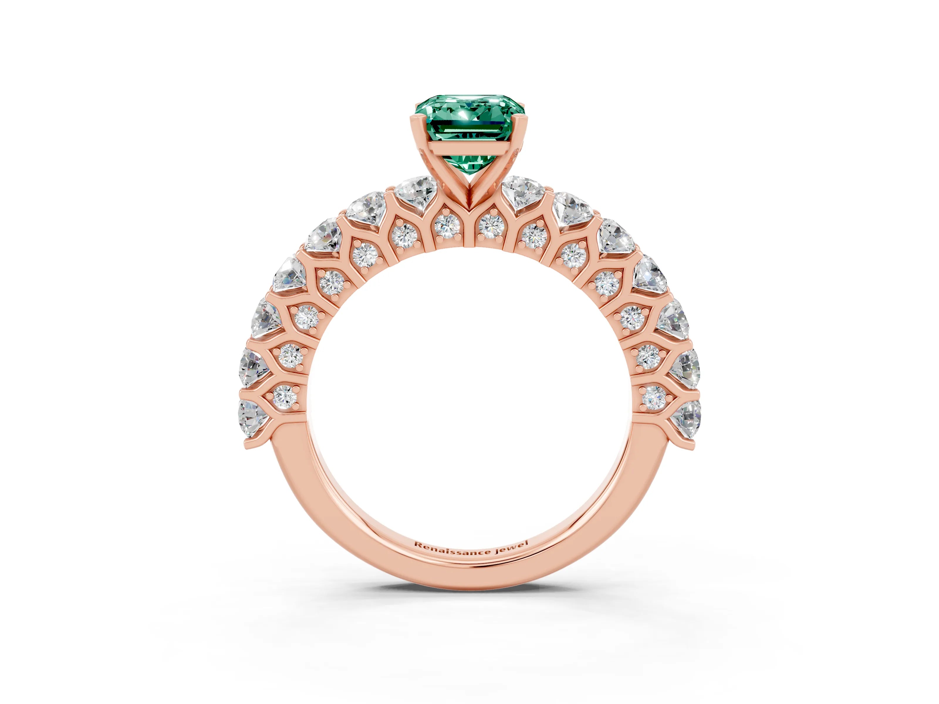 Rose gold Emerald Cut Green Sapphire Solitaire Ring with Shared Prong Pavé Band and Four-Prong Setting_3