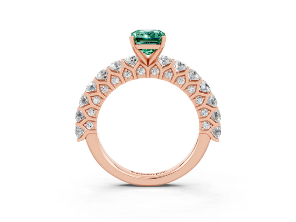 Rose gold Emerald Cut Green Sapphire Solitaire Ring with Shared Prong Pavé Band and Four-Prong Setting