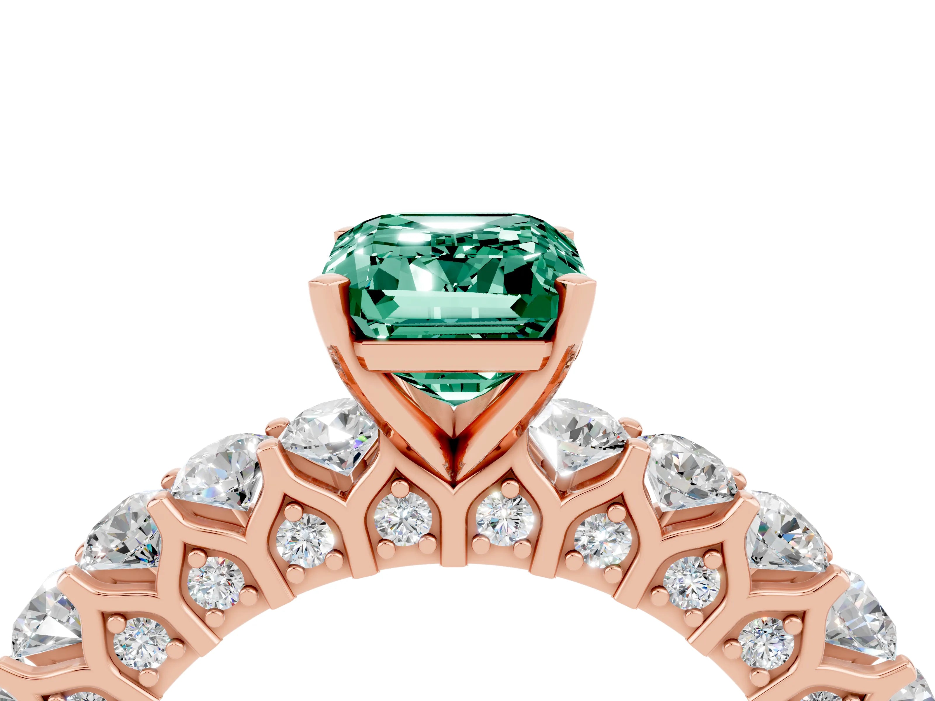 Rose gold Emerald Cut Green Sapphire Solitaire Ring with Shared Prong Pavé Band and Four-Prong Setting_4