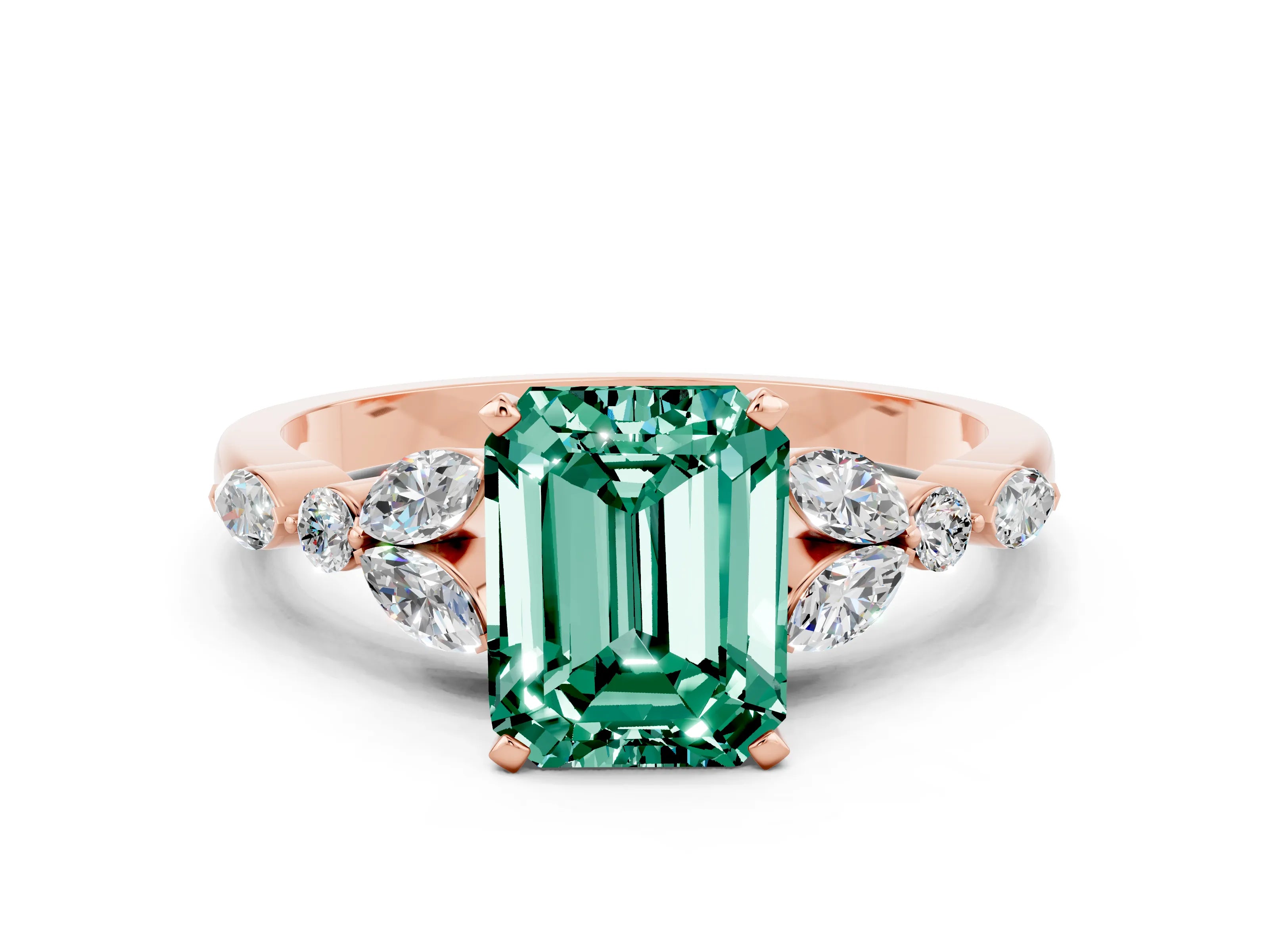 Rose gold Emerald Cut Green Sapphire Solitaire Ring with Side Stones and Four-Prong Setting_12