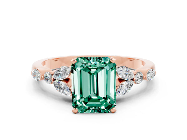 Rose gold Emerald Cut Green Sapphire Solitaire Ring with Side Stones and Four-Prong Setting