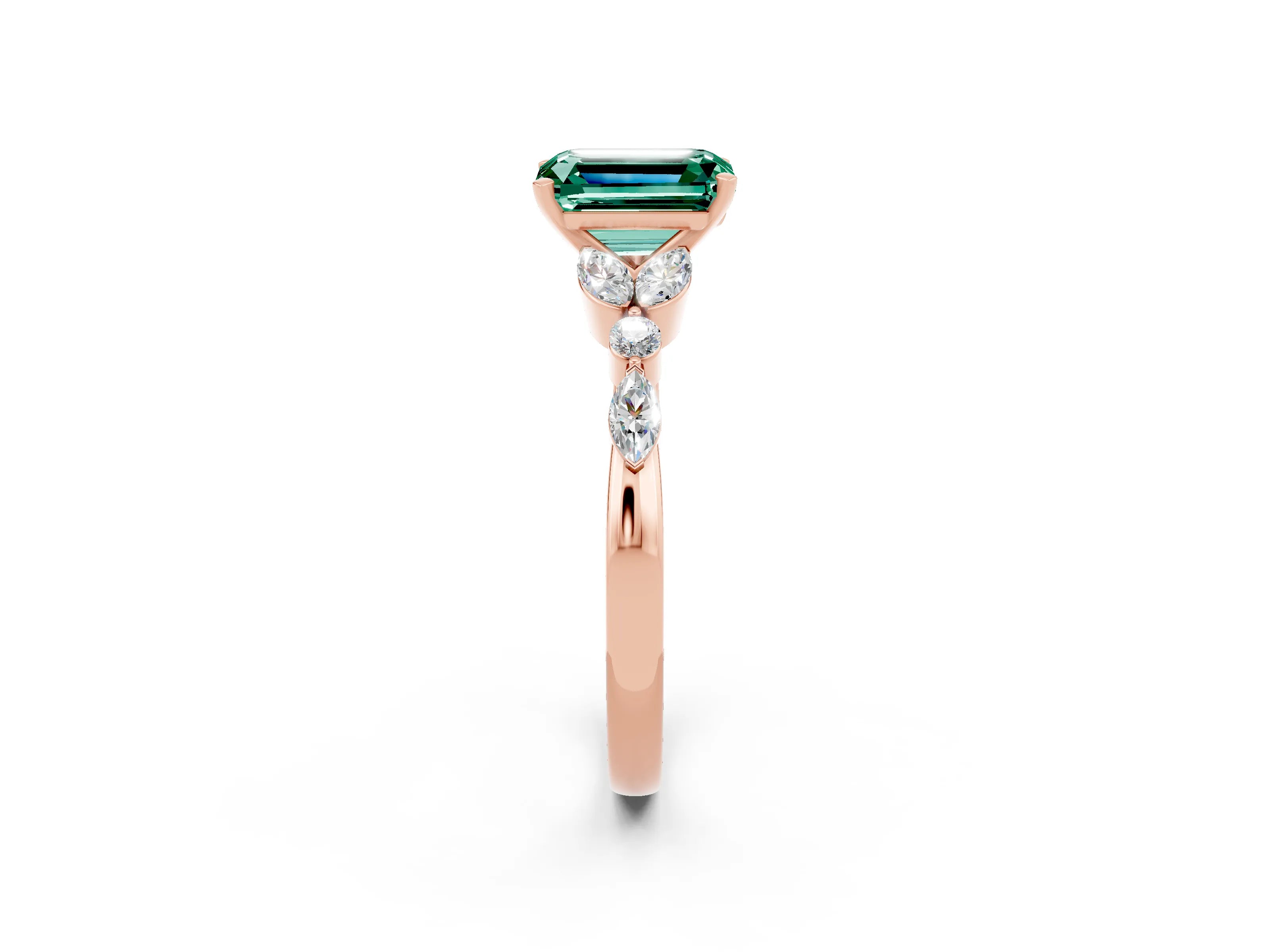 Rose gold Emerald Cut Green Sapphire Solitaire Ring with Side Stones and Four-Prong Setting_14